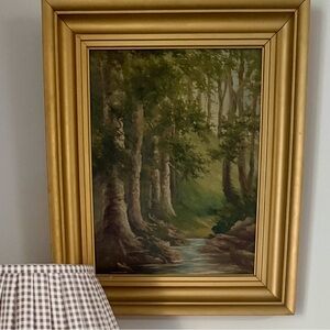 Framed Antique Oil Painting Mountain Tree Stream Scene